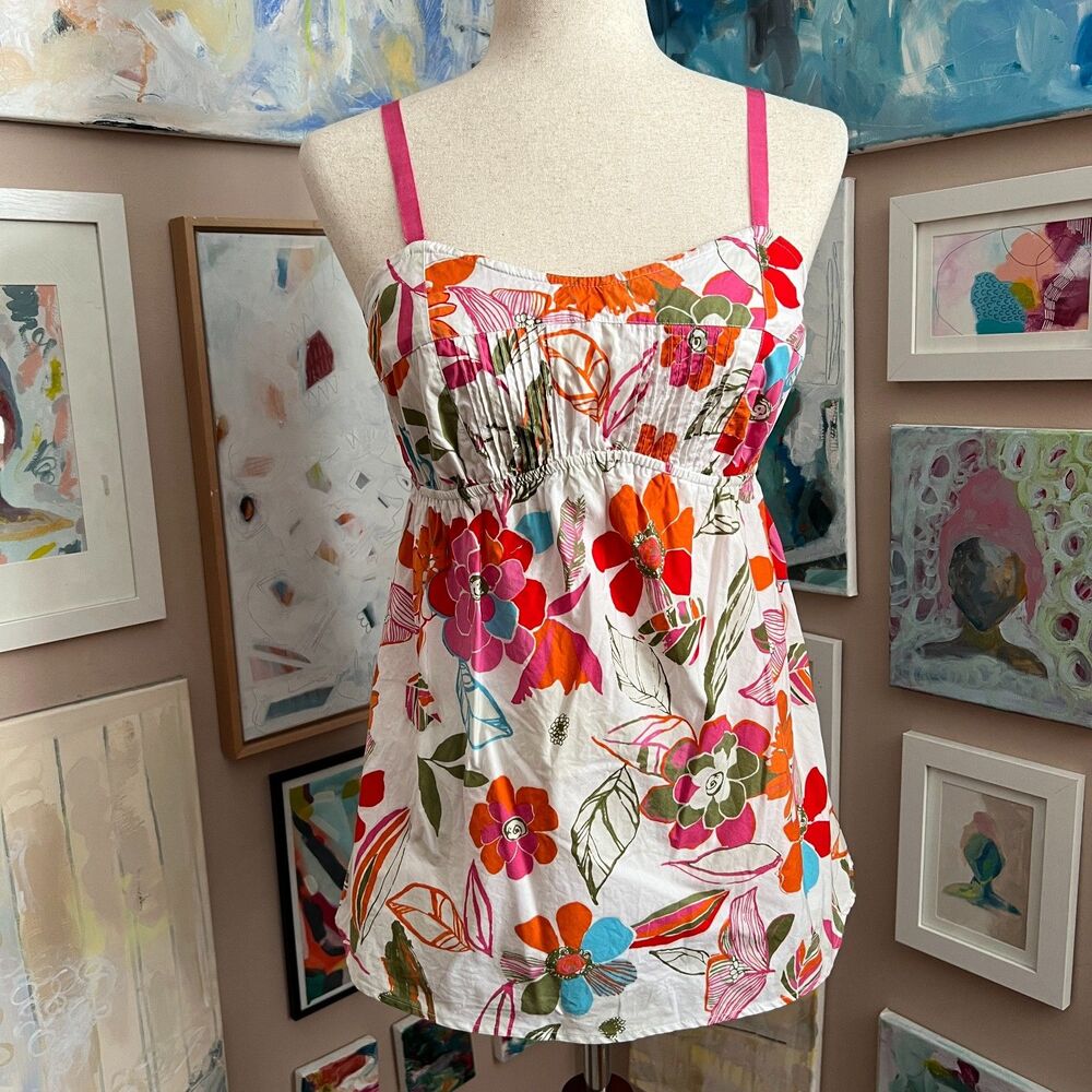 Floral Empire Waist Cotton Cami Tank Top Pink Orange Euro Summer Cottagecore S